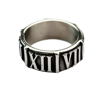 Vintage  Stainless Steel Roman Numeral Embossed Band Ring for Men