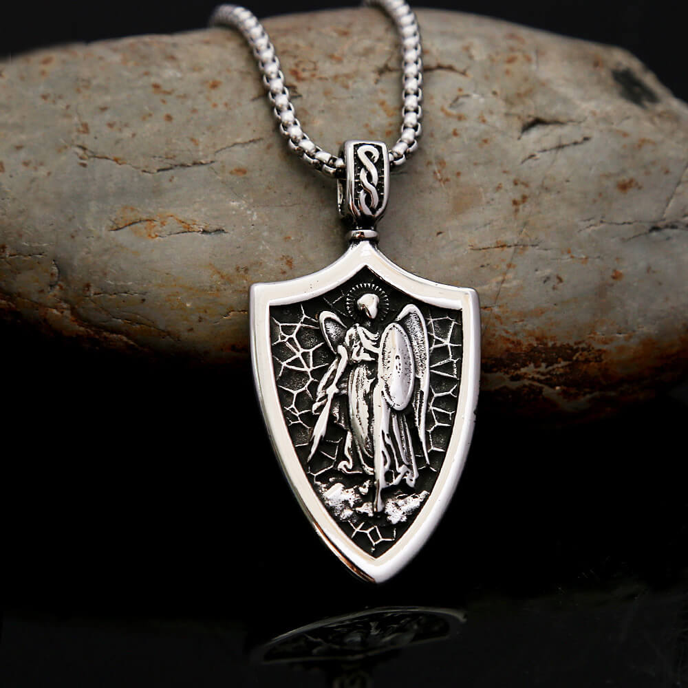 Vintage Stainless Steel Men's Shield St. Michael Angel Pendant Necklace