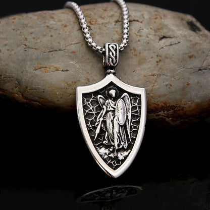 Vintage Stainless Steel Men's Shield St. Michael Angel Pendant Necklace