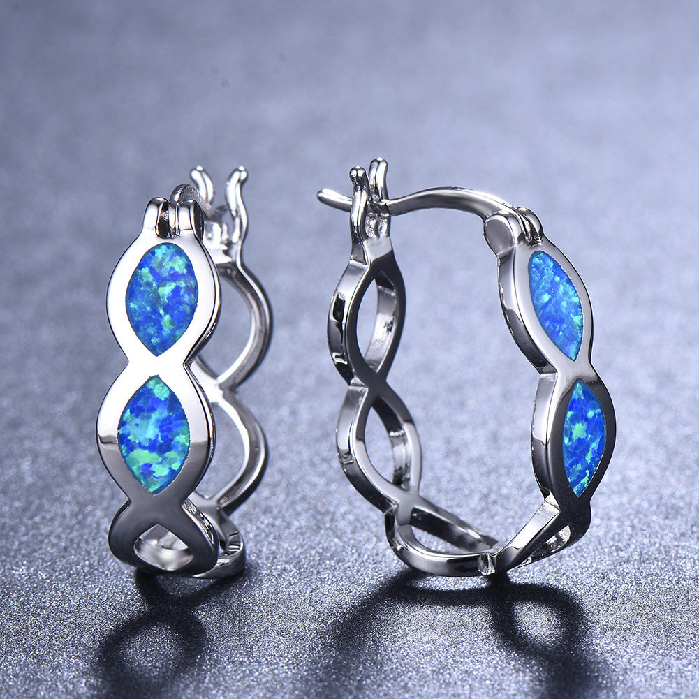 Women's Double Marquise Blue & White Opal Figure 8 Hollow Huggie Earrings, White Gold Plating