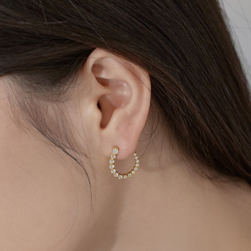 Women's U‑Shape Hoop Earrings, Paved Arranged Round Zirconia, S925 with 18K Gold Plating