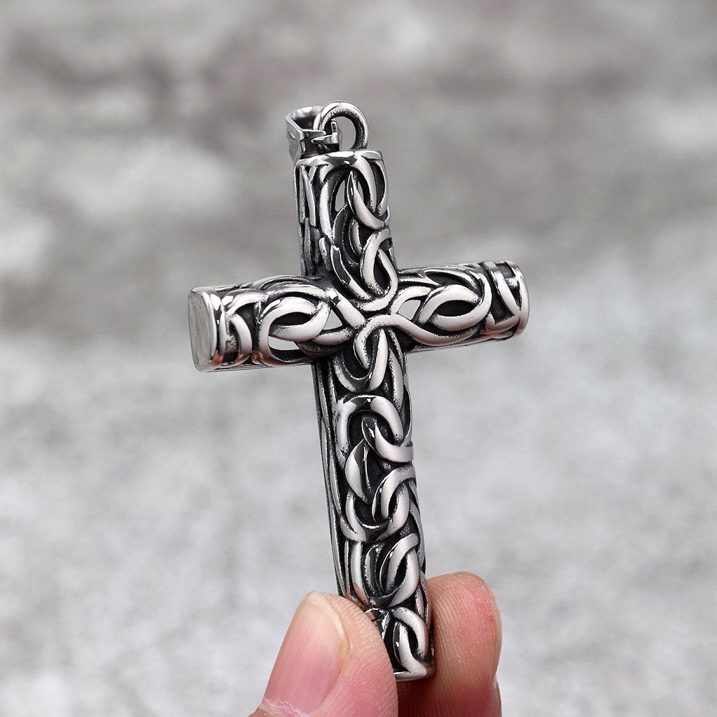 Vintage men's stainless steel carved cross pendant necklace
