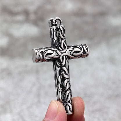 Vintage men's stainless steel carved cross pendant necklace