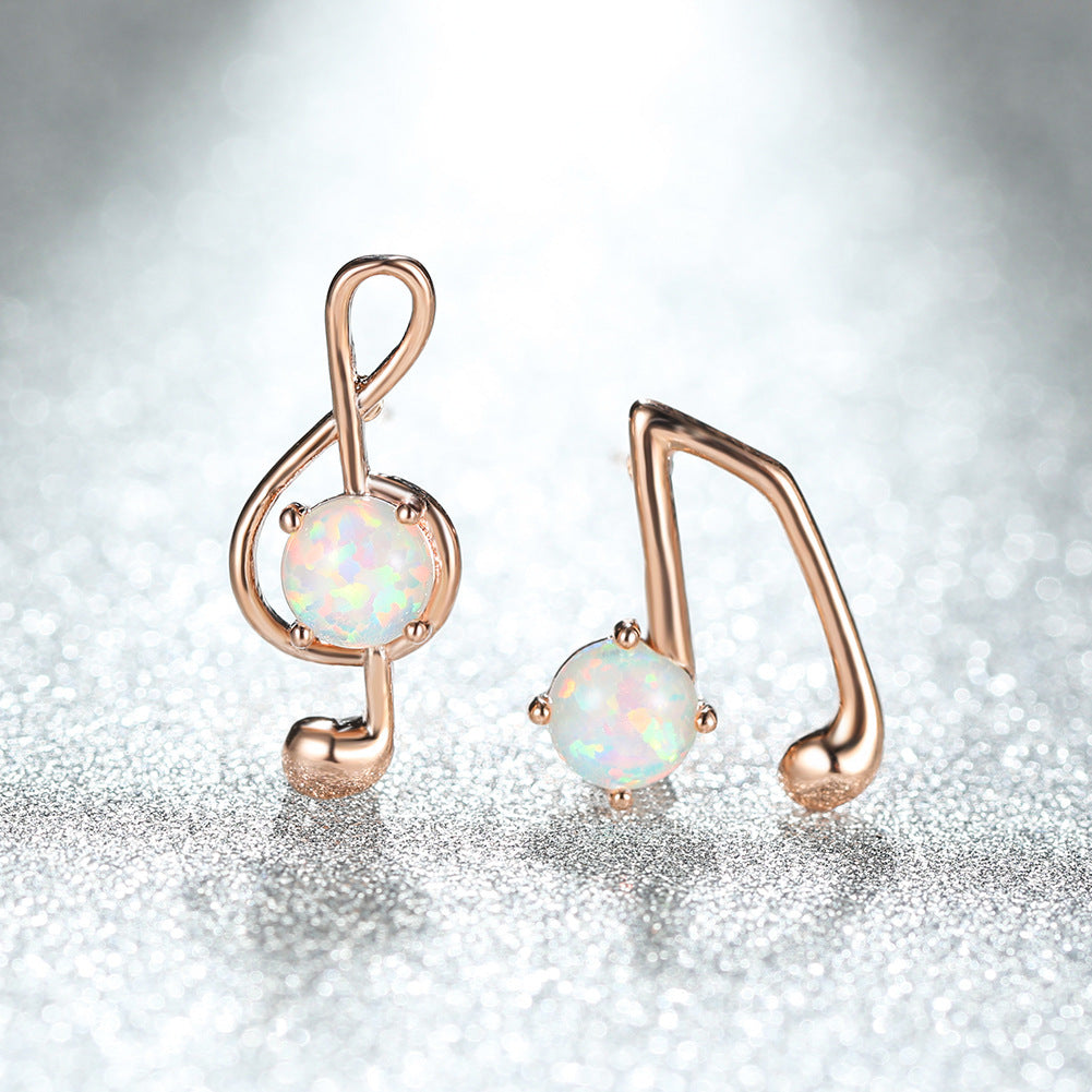 Women's Asymmetrical Music Note Round Opal Stud Earrings, Blue Opal & White Opal