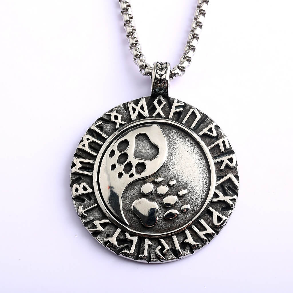 Vintage Stainless Steel Double Sided Viking Rune Bear Paw Print Pendant Necklace for Men