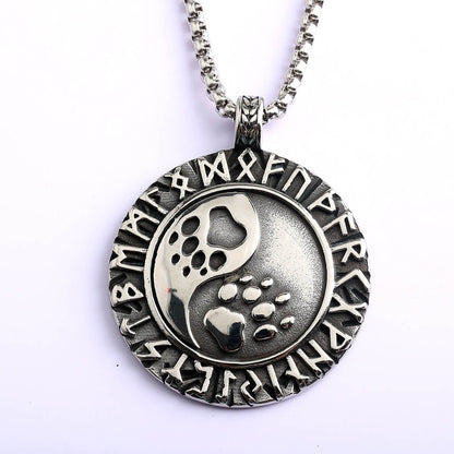Vintage Stainless Steel Double Sided Viking Rune Bear Paw Print Pendant Necklace for Men