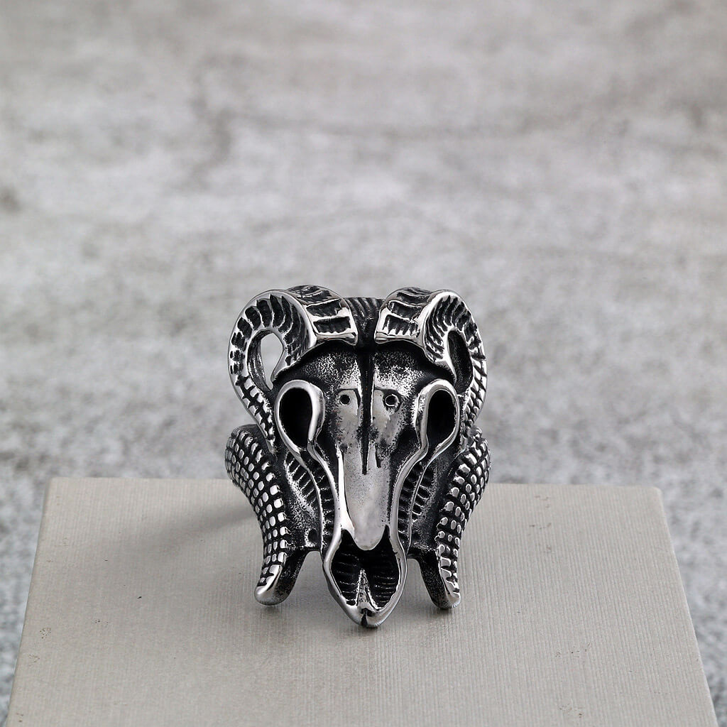 Vintage Solid Stainless Steel Punk Goat Skull Ring for Men