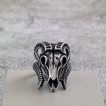 Vintage Solid Stainless Steel Punk Goat Skull Ring for Men