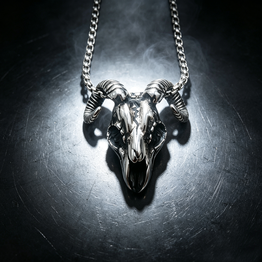 Men's Steel Ram Skull Pendant Necklace