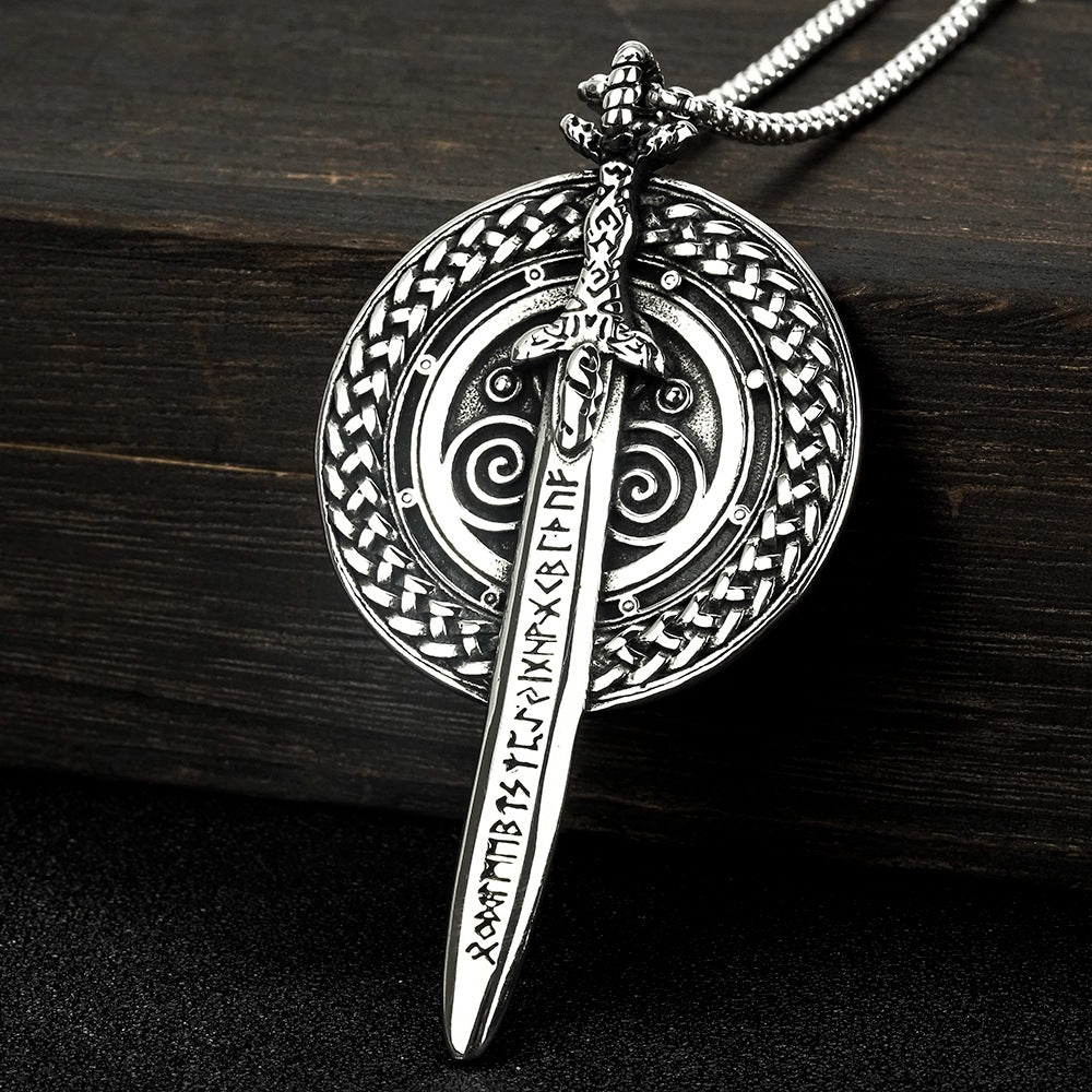 Men's Steel Viking Rune Sword Shield Round Tag Pendant Necklace