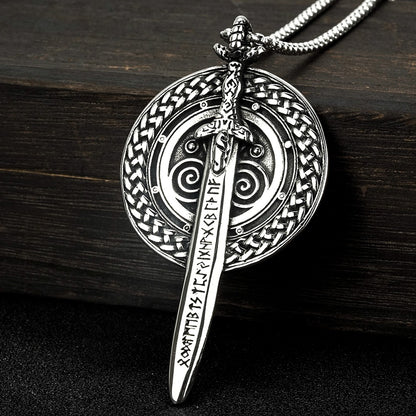 Men's Steel Viking Rune Sword Shield Round Tag Pendant Necklace