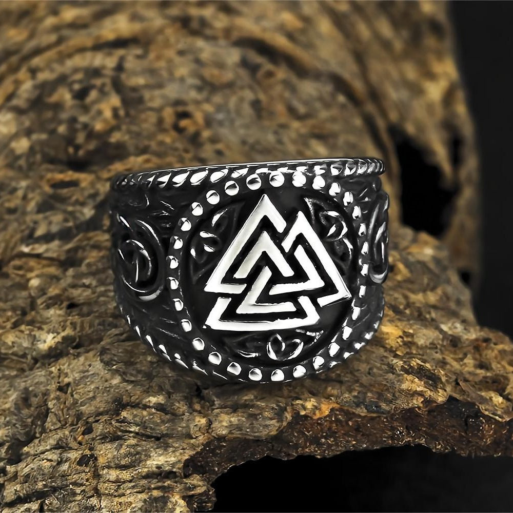 Vintage Stainless Steel Norse Valknut Viking Symbol Wide Band Ring for Men