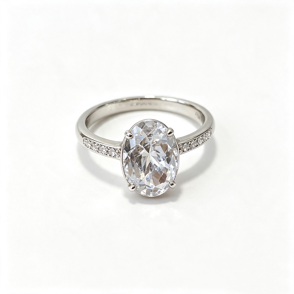 Women's Oval Egg Shape Claw Set Solitaire Zirconia Ring with Accent Side Stones, S925 with White Gold Plating