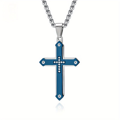Double-Layer Zircon-Encrusted Men's Cross Pendant Necklace