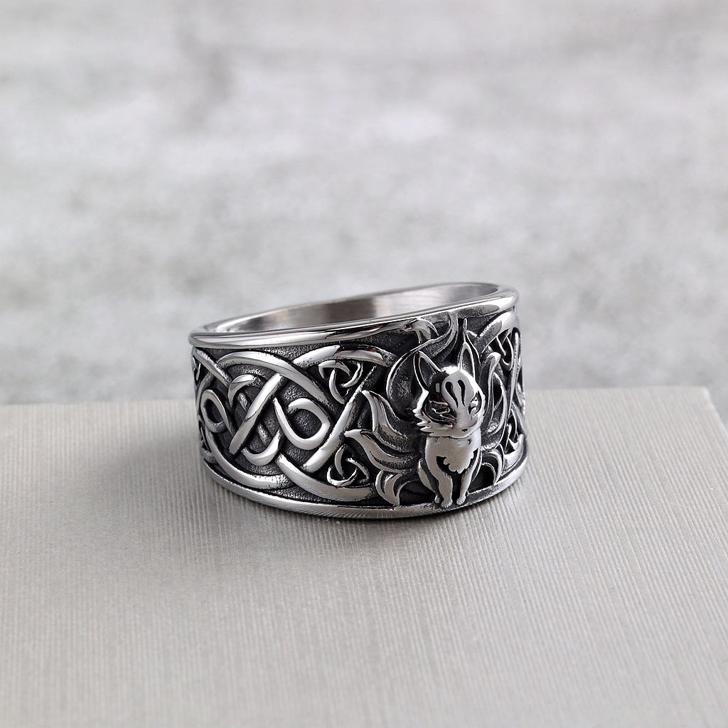 Vintage Nordic Solid Stainless Steel Viking Nine-Tailed Fox Pattern Ring for Men