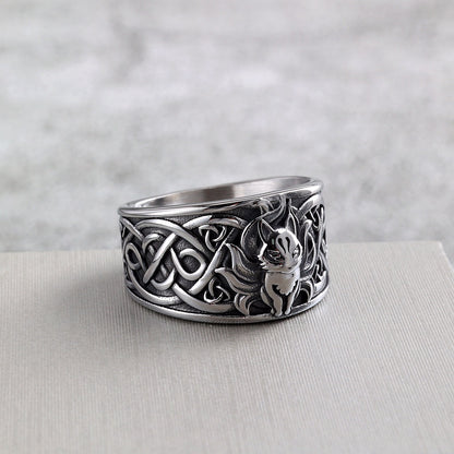 Vintage Nordic Solid Stainless Steel Viking Nine-Tailed Fox Pattern Ring for Men