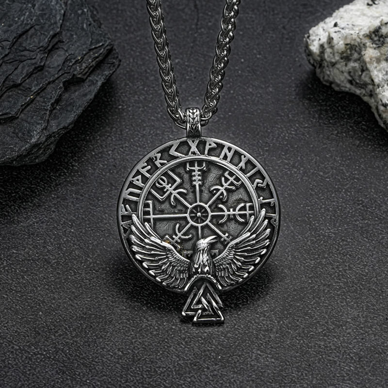Men's Steel Viking Raven Rune Compass Round Tag Pendant Necklace