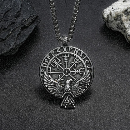Men's Steel Viking Raven Rune Compass Round Tag Pendant Necklace