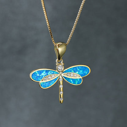 New Ins-style minimalist gold dragonfly blue opal necklace for women