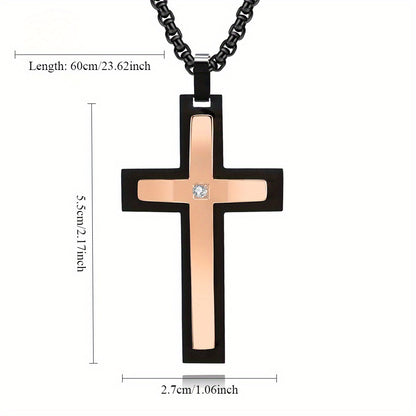 Men's Double-Layered Four-Sided Chamfered Zircon-Encrusted Cross Pendant Necklace