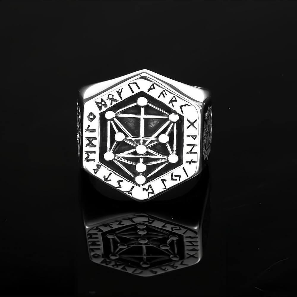 Vintage Nordic Solid Stainless Steel Viking Rune Vegvisir Compass Ring for Men