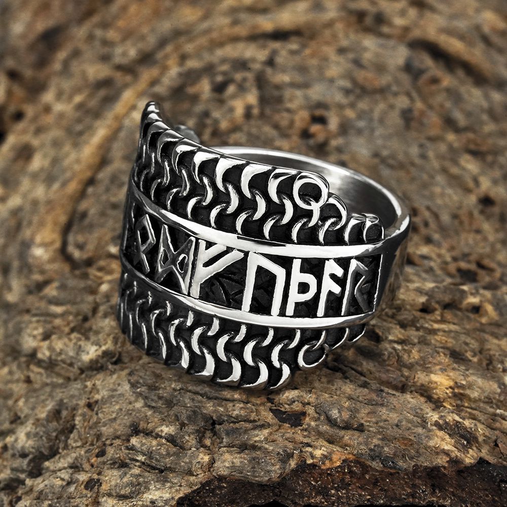 Vintage Solid Stainless Steel Extra Wide Band Viking Rune Hip Hop Ring for Men