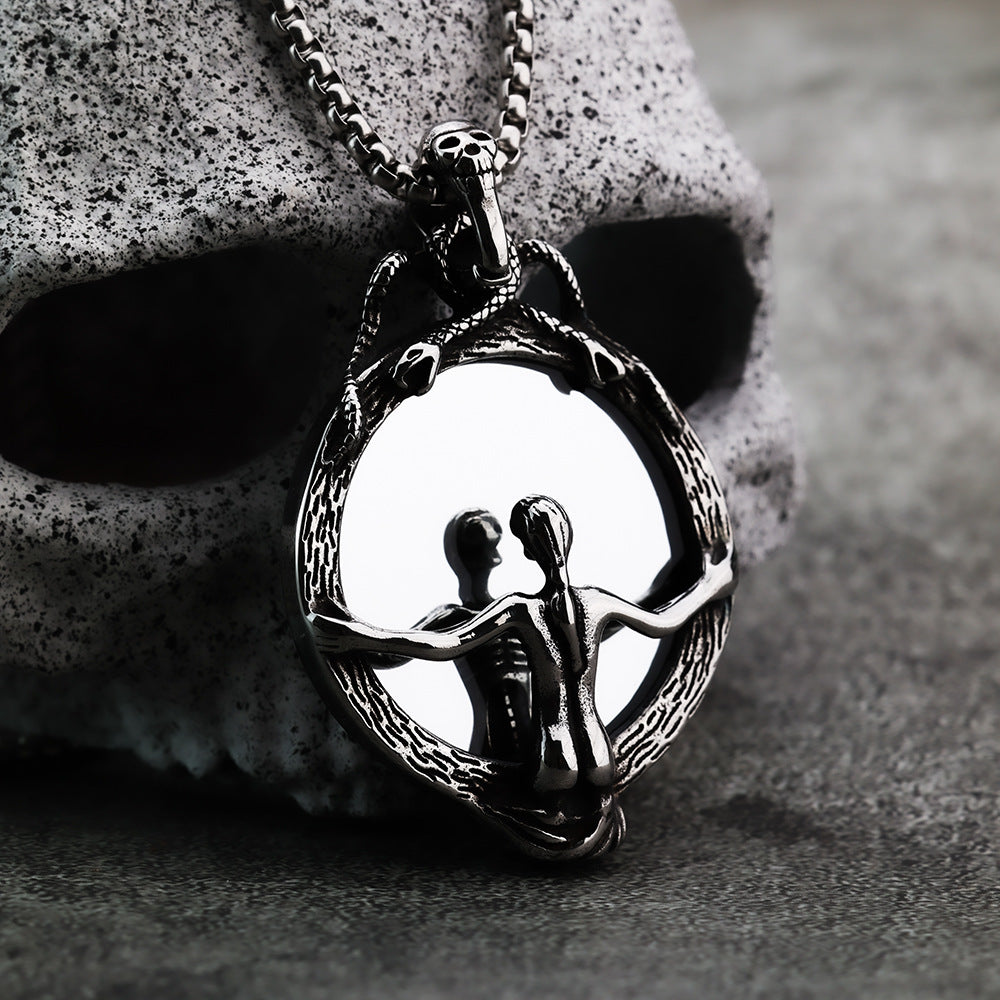 Retro stainless steel men's Gothic magic mirror pendant necklace