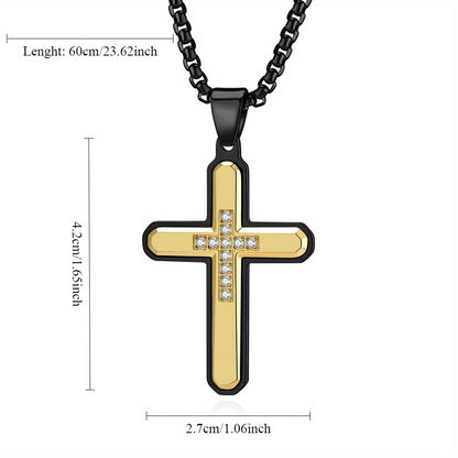 Men's Hexagonal Faceted Gem-Set Two-Tone Cross Pendant Necklace