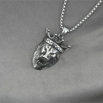 Men's Steel Crown Lion Head Vintage Animal Jewelry Pendant Necklace