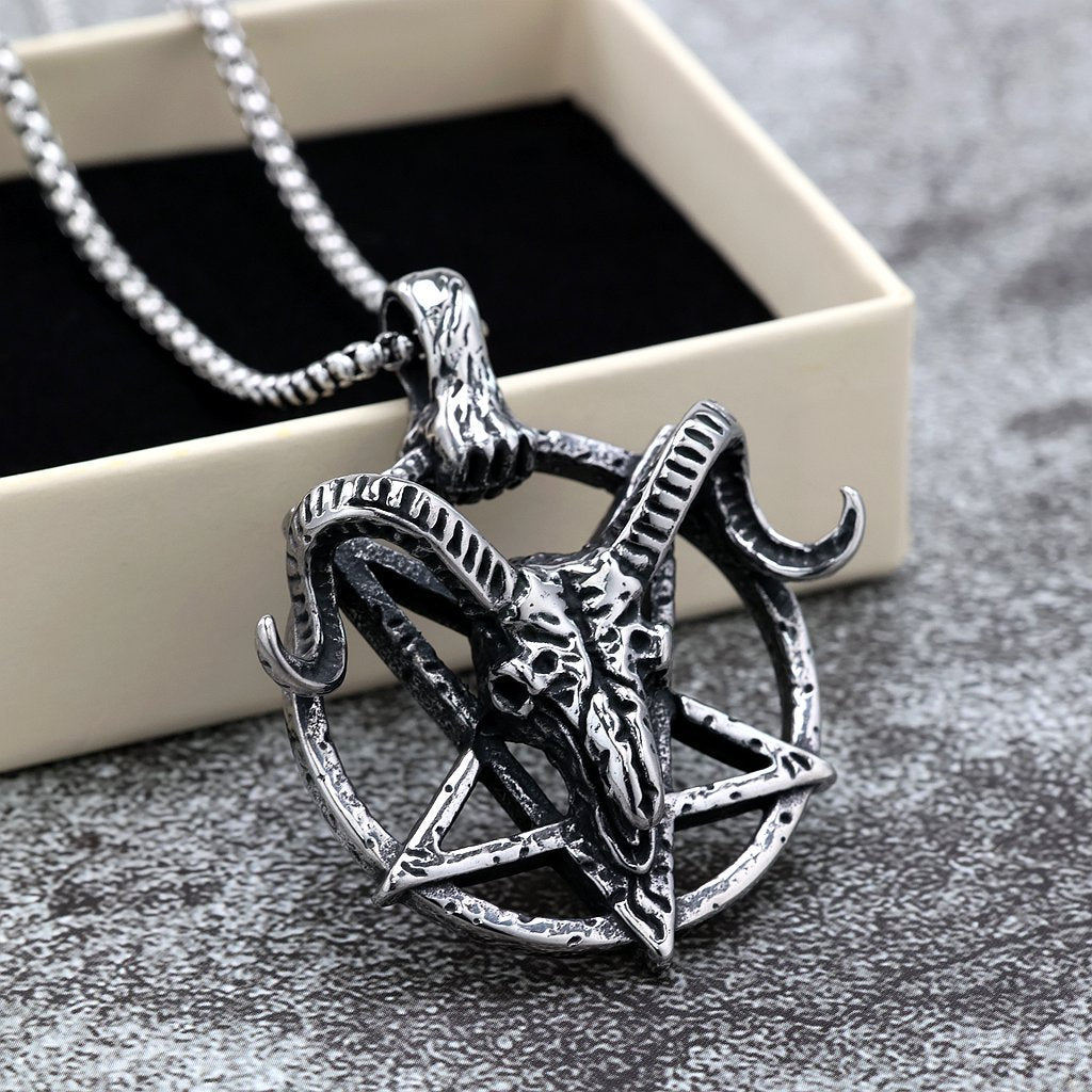 Vintage Stainless Steel Hollow Goat Head Pendant Necklace for Men