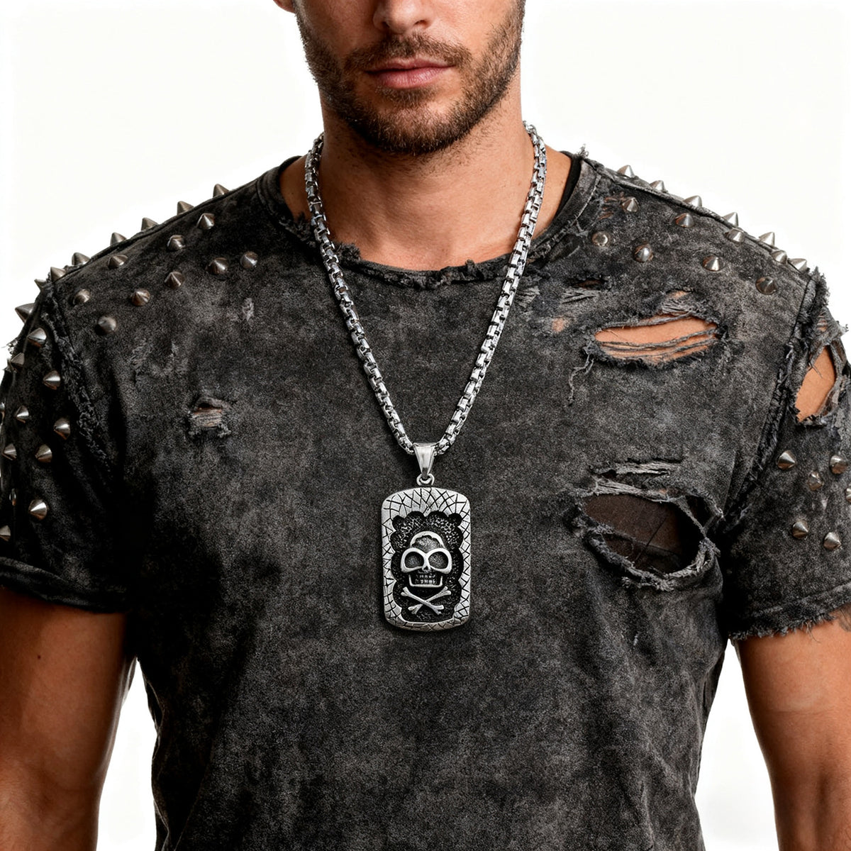 Men's Steel Skull Crossbones Dog Tag Pendant Necklace