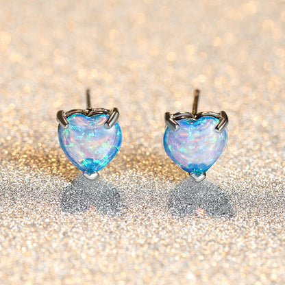 Women's Minimalist Elegant Prong‑Set Heart‑Shape Blue / White Opal Stud Earrings, with White Gold Plating