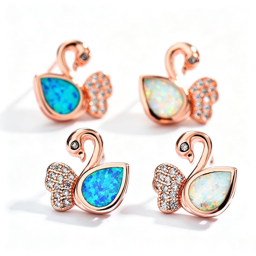 Women's Exquisite Rose‑Gold Plating Swan‑Shape Zirconia Inlaid Blue / White Opal Stud Earrings