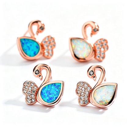 Women's Exquisite Rose‑Gold Plating Swan‑Shape Zirconia Inlaid Blue / White Opal Stud Earrings