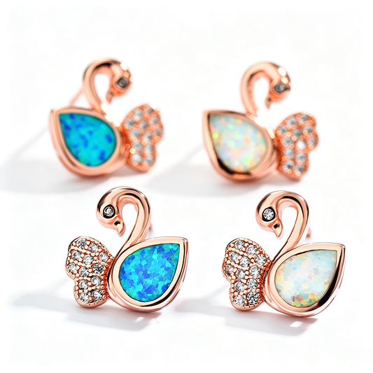 Women's Exquisite Rose‑Gold Plating Swan‑Shape Zirconia Inlaid Blue / White Opal Stud Earrings