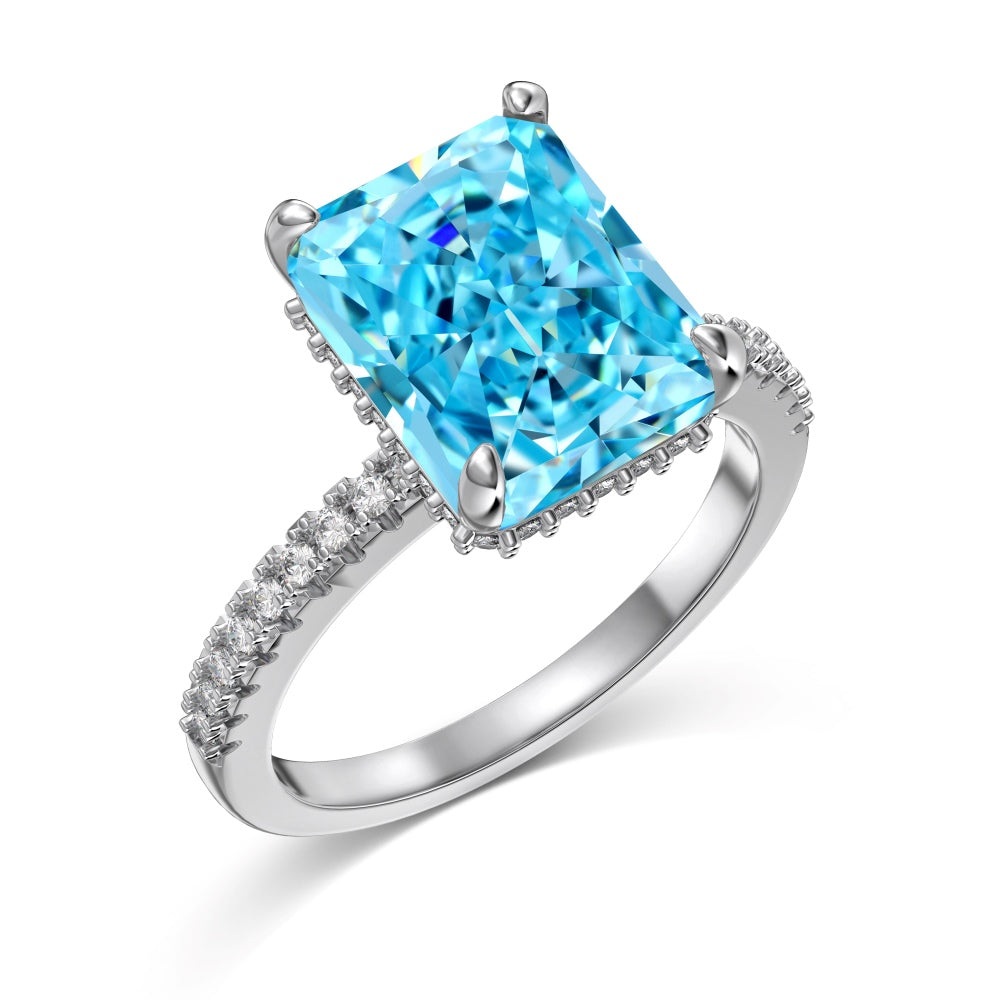 Women's Square Ice Flower Cut Blue Zirconia Fashion Ring, S925 with White Gold Plating