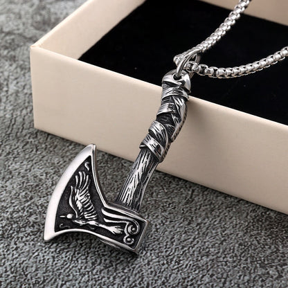 Men's Steel Viking Wolf Axe Pendant Necklace