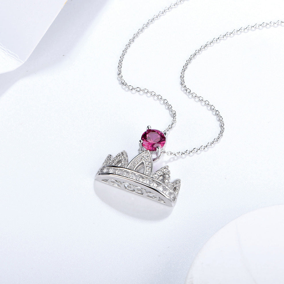 Women's Sterling Silver Necklace with Ruby Round Stones Full Diamonds Crown Pendants