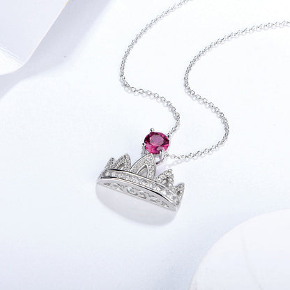 Women's Sterling Silver Necklace with Ruby Round Stones Full Diamonds Crown Pendants