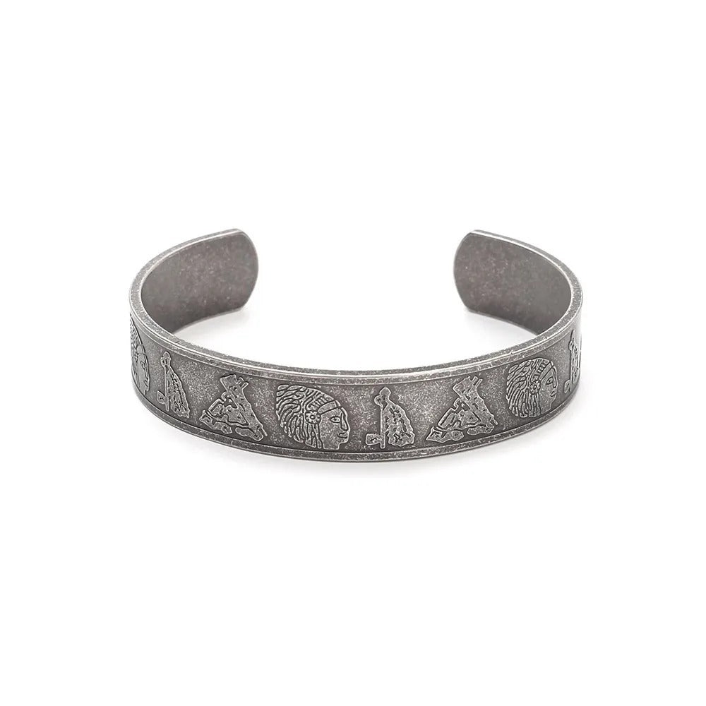 Ancient Egyptian Pharaoh Engraved Open C Bracelet for Men, Fashion Viking Style Stainless Steel Retro Cuff Bangle Jewelry