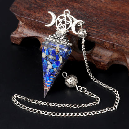 Three-phase moon seven-colored crushed stone resin crystal hexagonal pyramid spirit pendulum