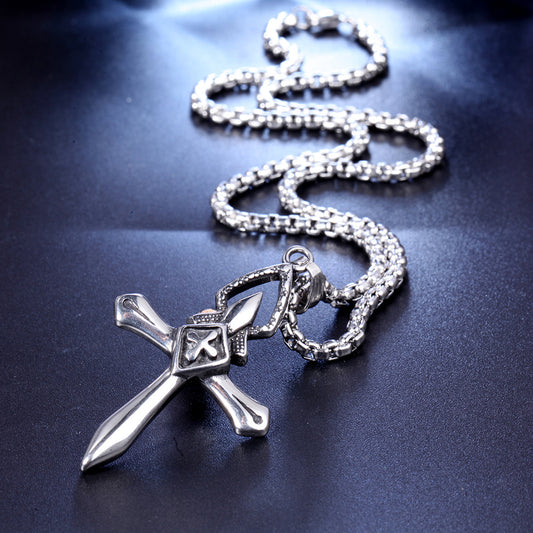 Men's Steel Vintage Sword Shaped Cross Pendant Necklace