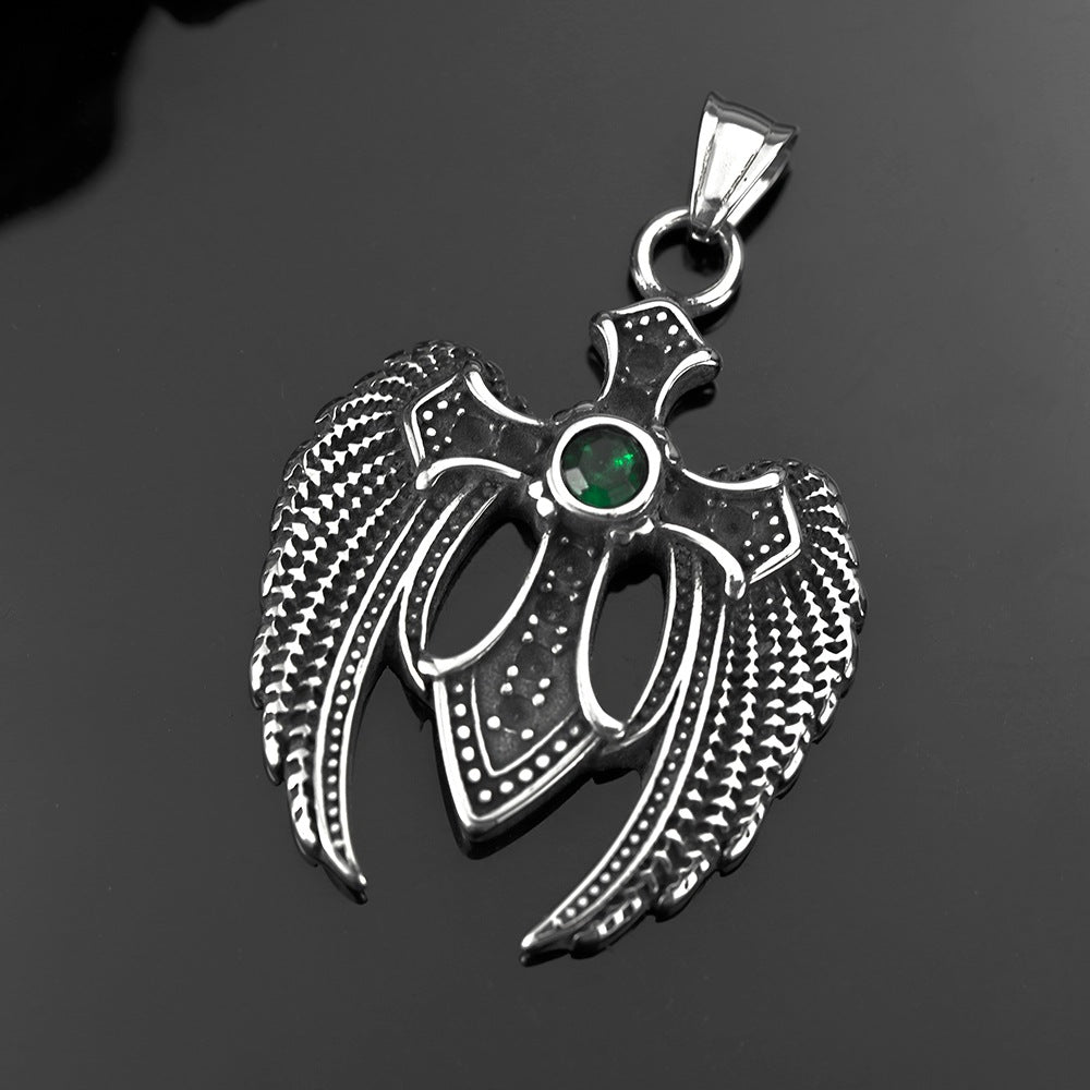 Men's Steel Winged Cross With Green Zirconia Pendant Necklace