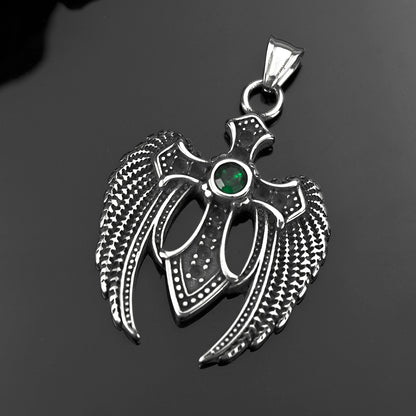 Men's Steel Winged Cross With Green Zirconia Pendant Necklace