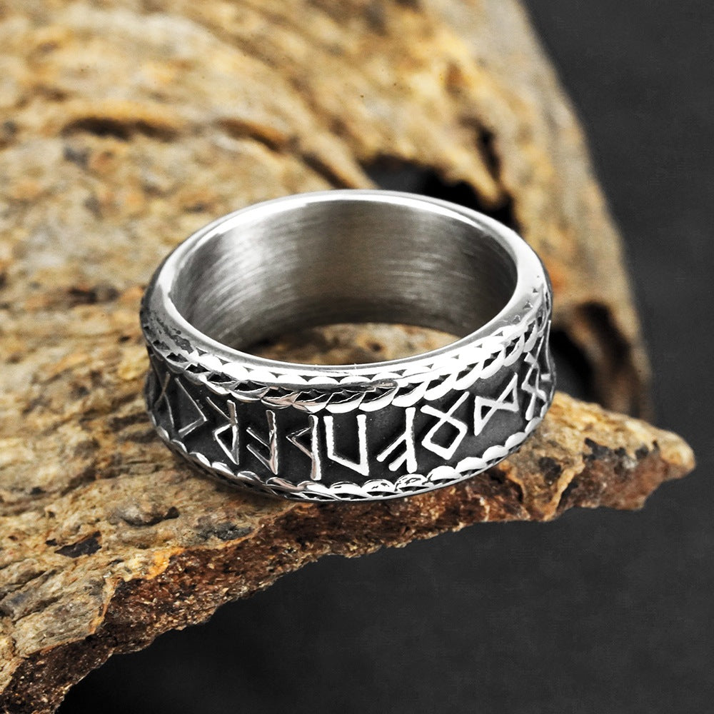 Vintage Antique Oxidized Solid Stainless Steel Norse Viking Rune Braided Trim Wide Circle Band Ring for Men