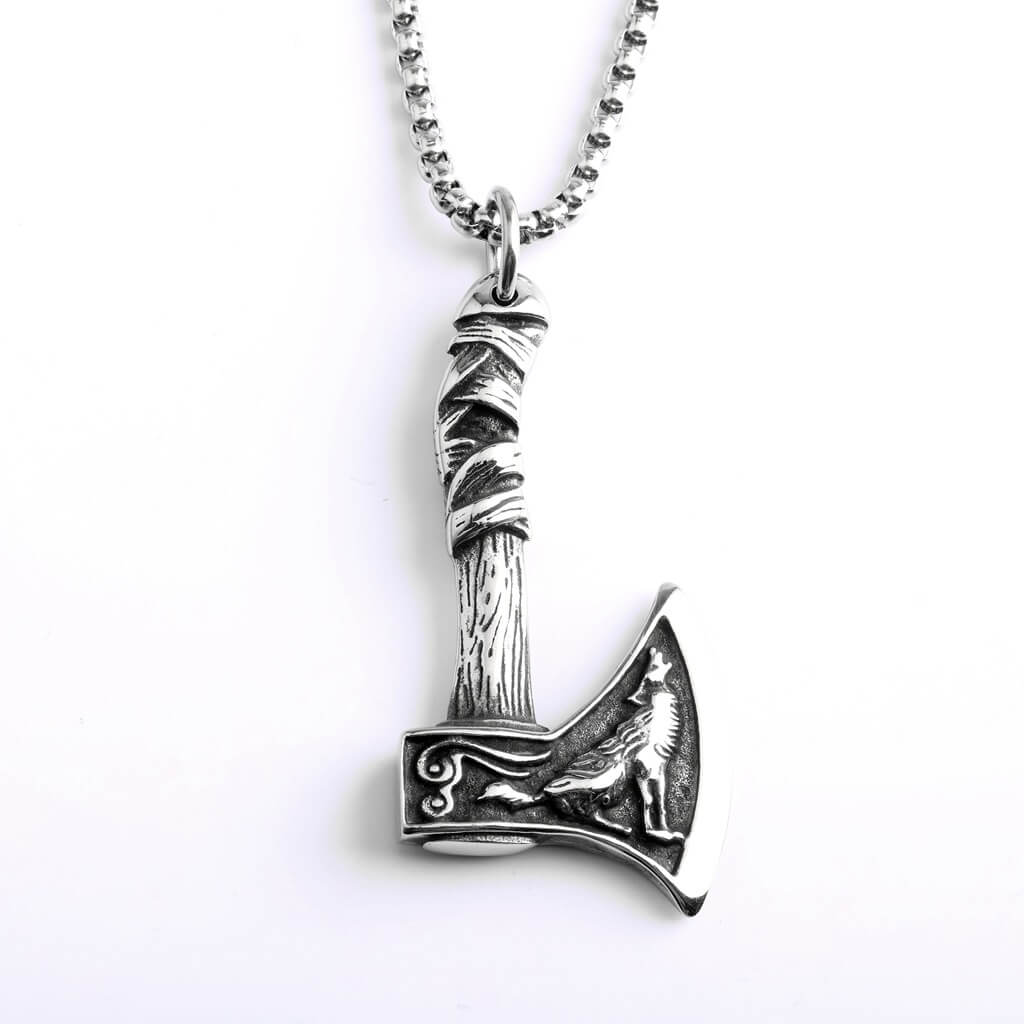 Men's Steel Viking Wolf Axe Pendant Necklace