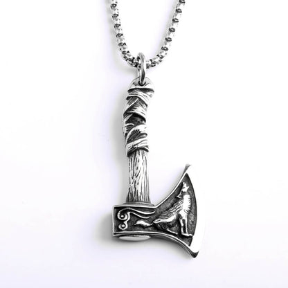 Men's Steel Viking Wolf Axe Pendant Necklace