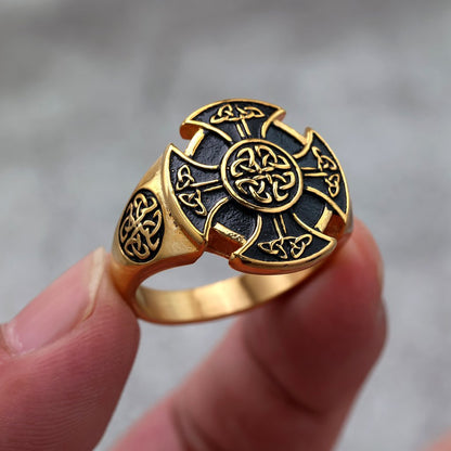 Vintage European American Solid Stainless Steel Viking Celtic Shield Round Ring for Men
