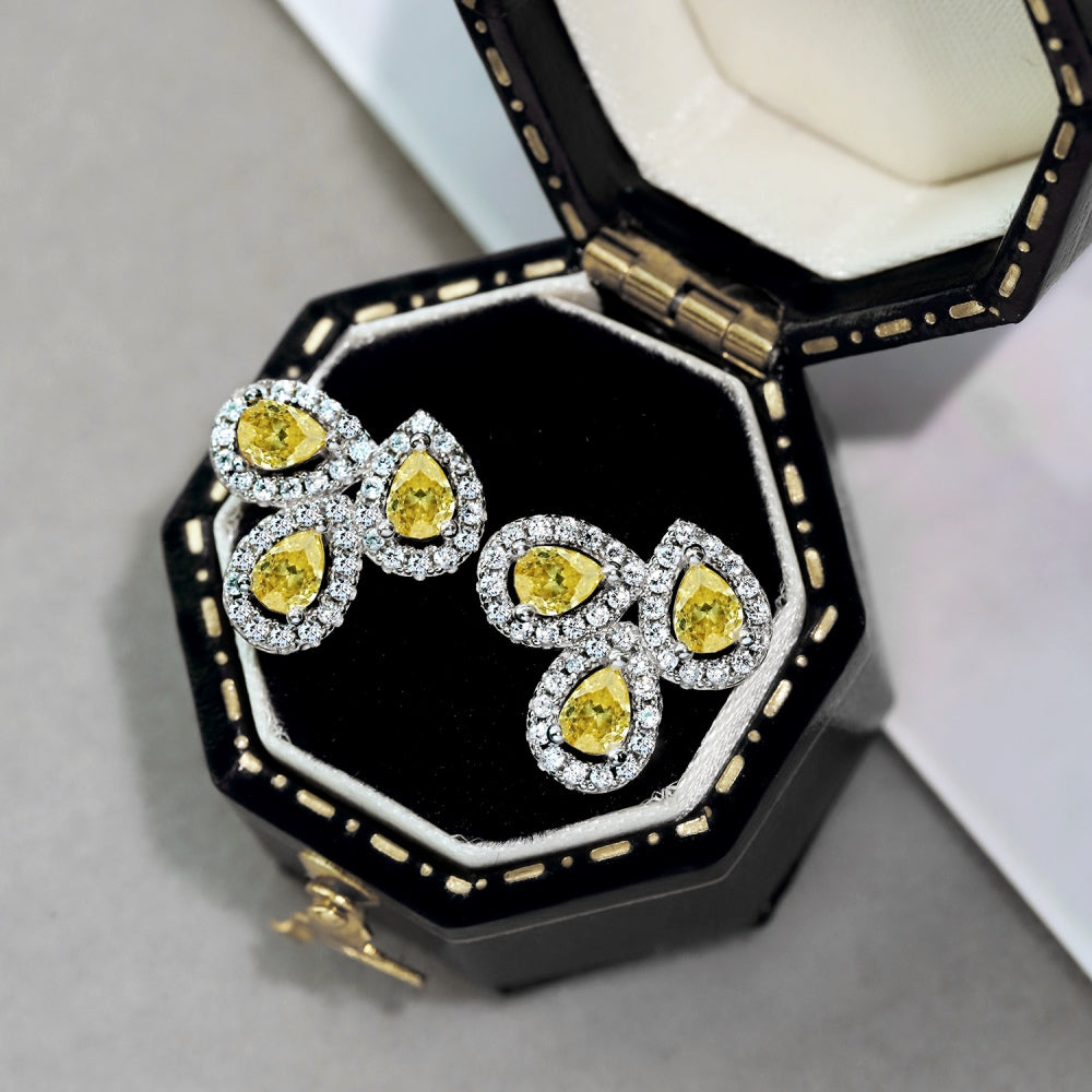Women's Three‑Petal Flower Stud Earrings, Pear‑Shape Yellow Sapphire With Zirconia Halo, S925 with White Gold Plating