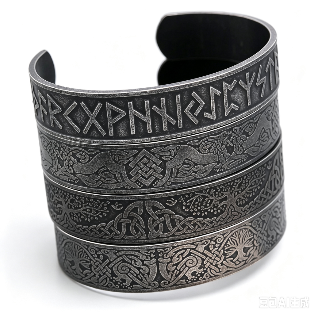 Men's Nordic Pirate Vintage Stainless Steel C-Cuff Bracelet with Engraved Viking Totem